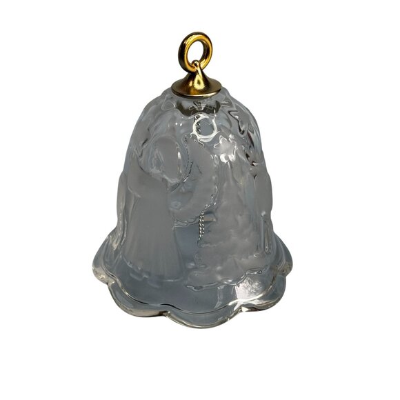 Frosted Glass Bell Ornament Deer & Angel Scene Gold Trim 3.5 Inch - Picture 3 of 6